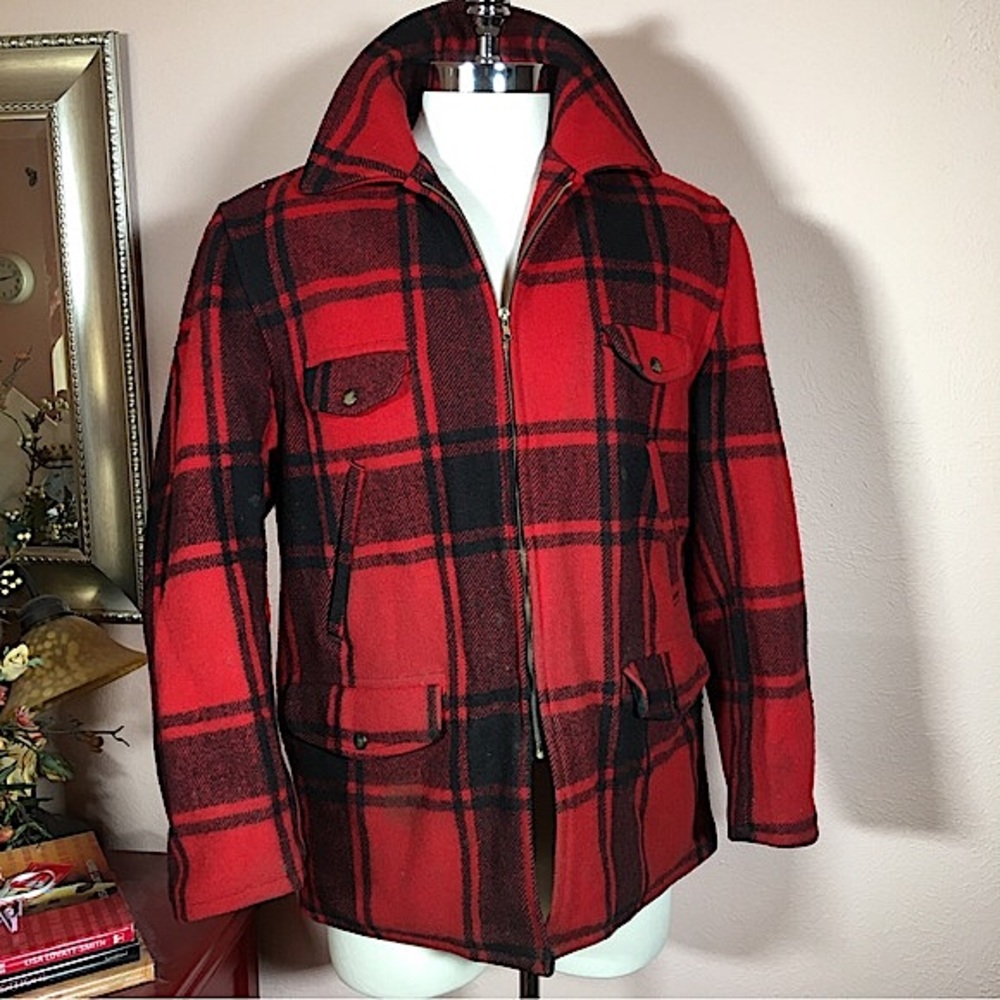 Vintage 1940’s Lumberjack Wool Red and Black Plaid Cabincore Pea Coat